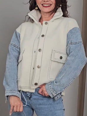 Women Lapel Buttoned Patchwork Denim Casual Jacket