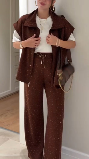 Women Lapel Rhinestone Vest + Pants Casual Suit