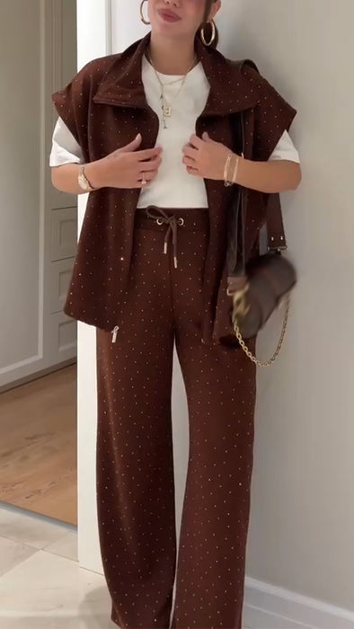 Women Lapel Rhinestone Vest + Pants Casual Suit