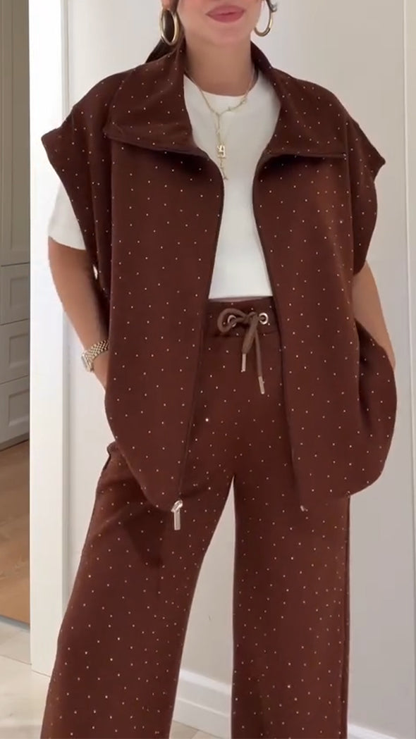 Women Lapel Rhinestone Vest + Pants Casual Suit
