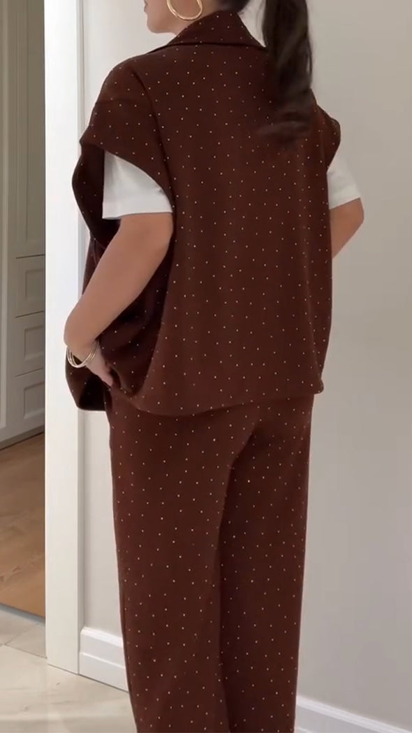 Women Lapel Rhinestone Vest + Pants Casual Suit