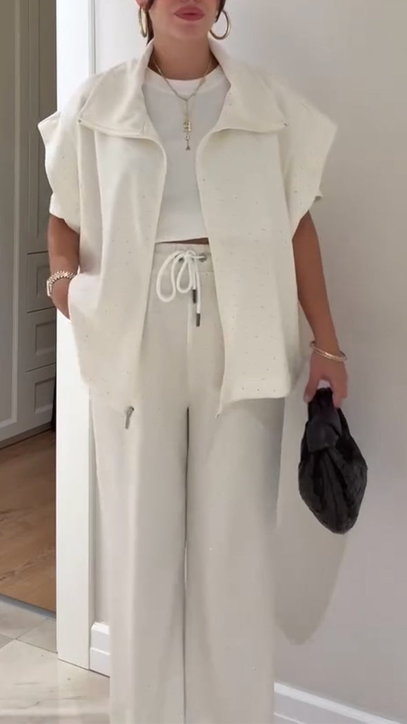 Women Lapel Rhinestone Vest + Pants Casual Suit