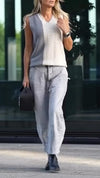 Women V-neck Contrasting Knitted Top + Pants Casual Suit