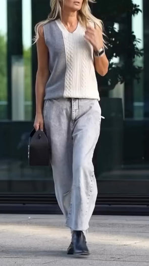 Women V-neck Contrasting Knitted Top + Pants Casual Suit