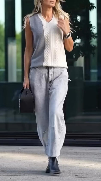 Women V-neck Contrasting Knitted Top + Pants Casual Suit