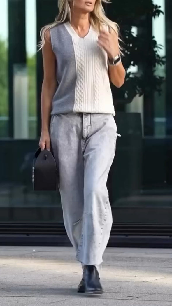 Women V-neck Contrasting Knitted Top + Pants Casual Suit
