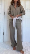 Women Stand Collar Half Zip Top + Pants Solid Color Casual Set