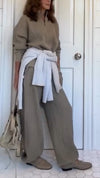Women Stand Collar Half Zip Top + Pants Solid Color Casual Set