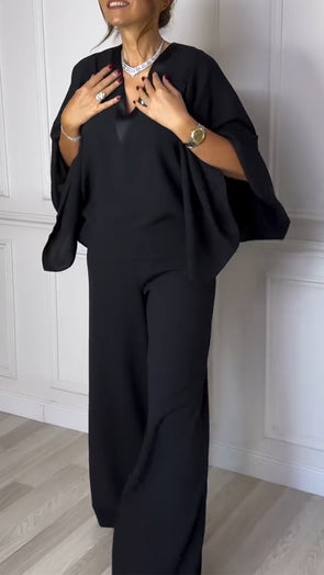 Women V-neck Fake Two-piece Solid Color Casual Jumpsuit