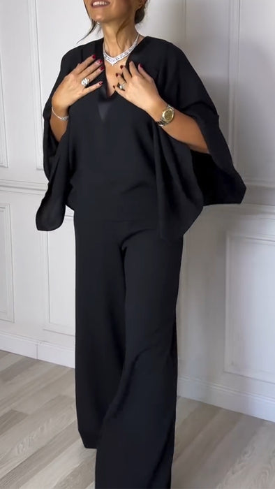 Women V-neck Fake Two-piece Solid Color Casual Jumpsuit