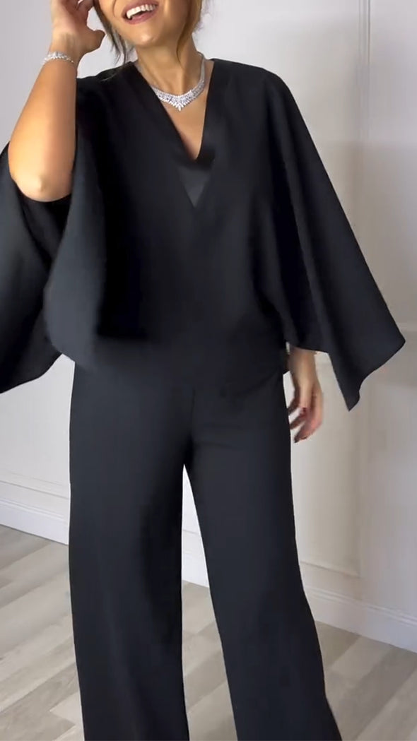 Women V-neck Fake Two-piece Solid Color Casual Jumpsuit