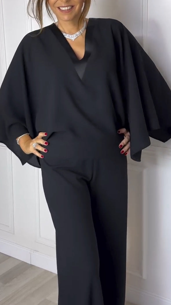 Women V-neck Fake Two-piece Solid Color Casual Jumpsuit