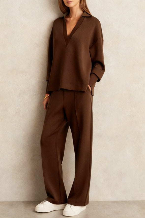 Women V-neck Top + Drawstring Pants Casual Suit