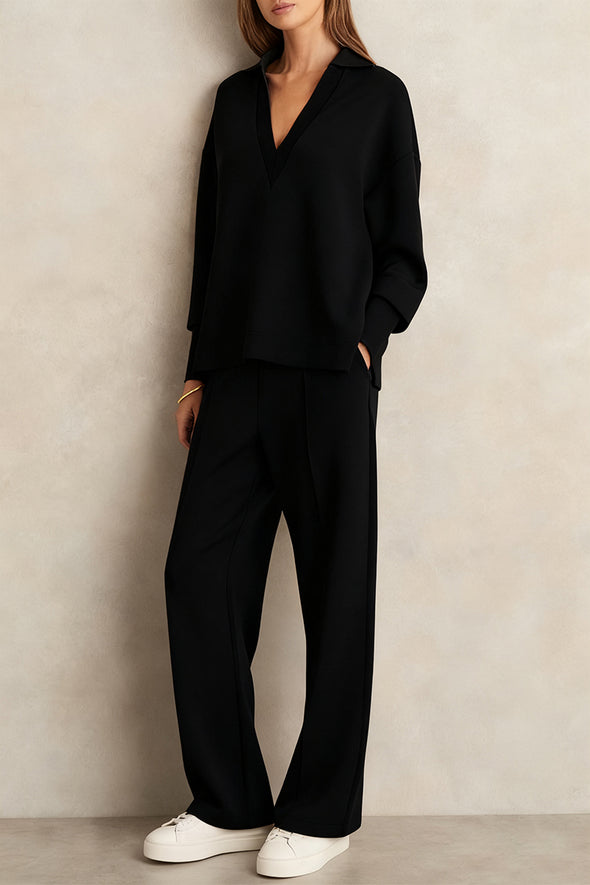 Women V-neck Top + Drawstring Pants Casual Suit