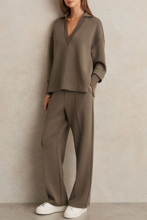 Women V-neck Top + Drawstring Pants Casual Suit