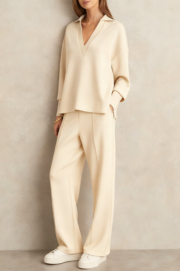 Women V-neck Top + Drawstring Pants Casual Suit