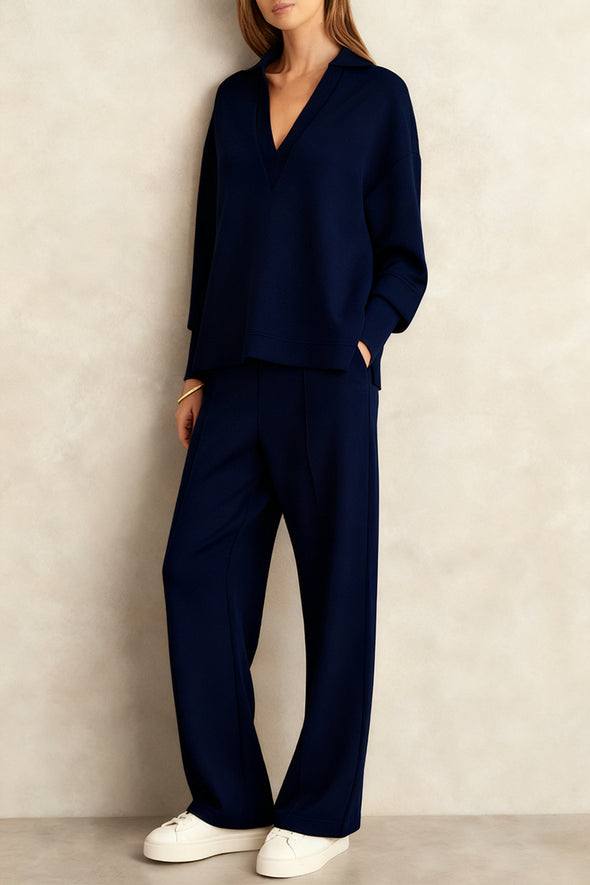 Women V-neck Top + Drawstring Pants Casual Suit