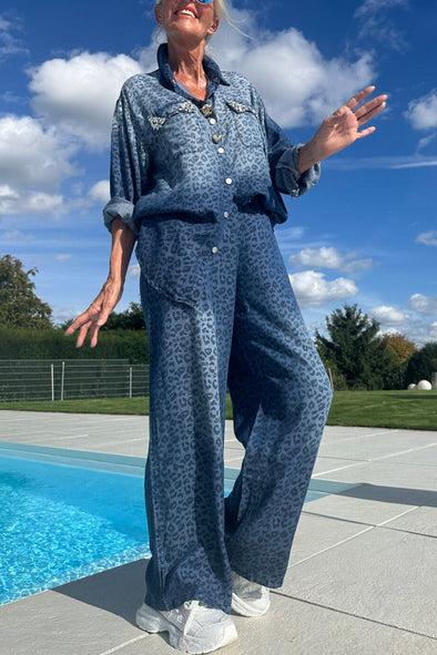 Women Lapel Washed Print Casual Suit