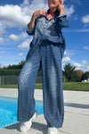 Women Lapel Washed Print Casual Suit
