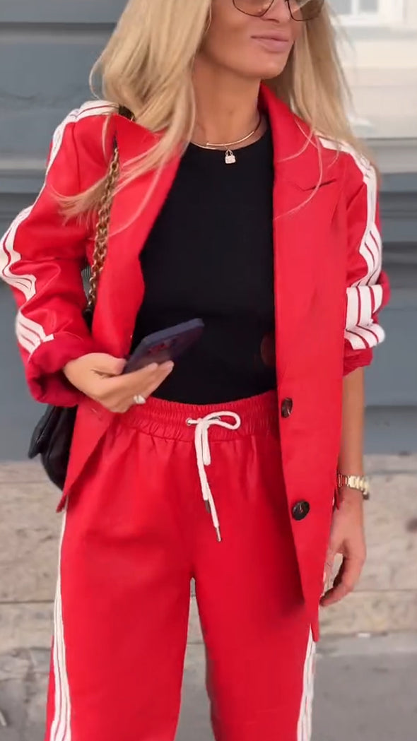 Ladies Lapel Vertical Striped Jacket + Pants Leisure Set