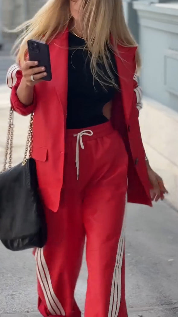 Ladies Lapel Vertical Striped Jacket + Pants Leisure Set