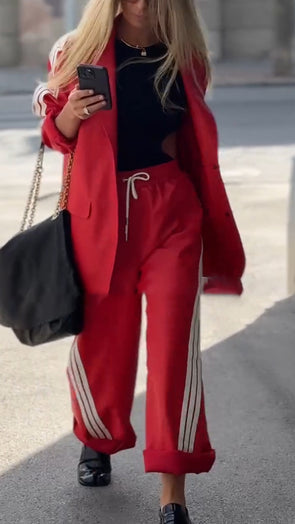 Ladies Lapel Vertical Striped Jacket + Pants Leisure Set