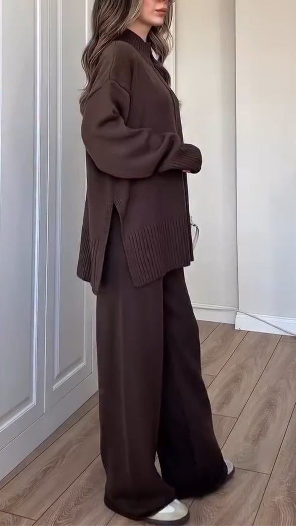 Women High-neck Knitted Solid Color Casual Suit