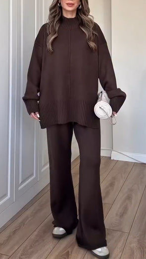 Women High-neck Knitted Solid Color Casual Suit