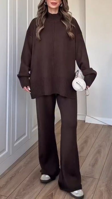 Women High-neck Knitted Solid Color Casual Suit