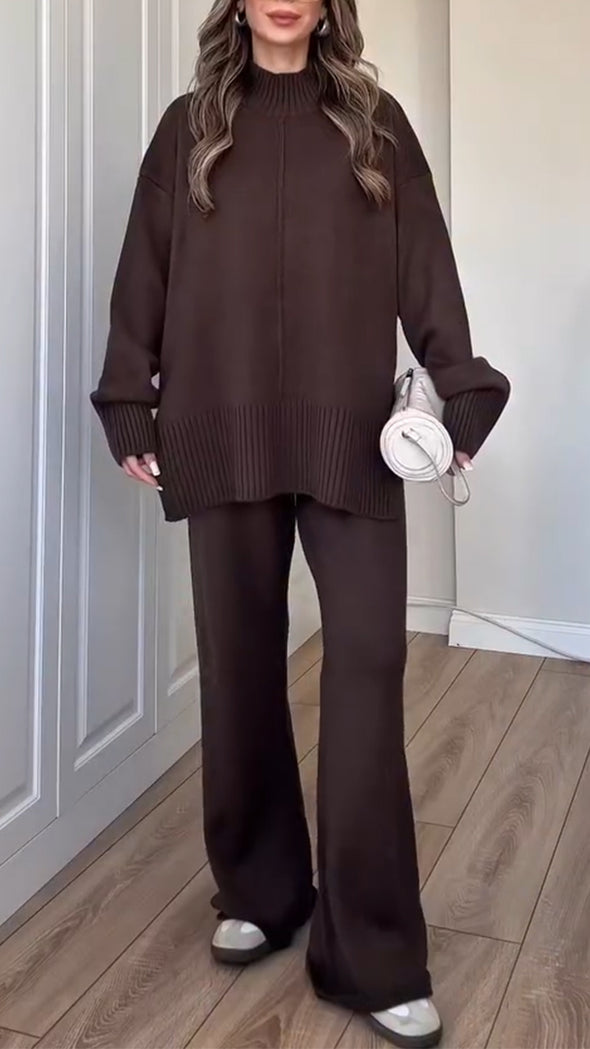Women High-neck Knitted Solid Color Casual Suit