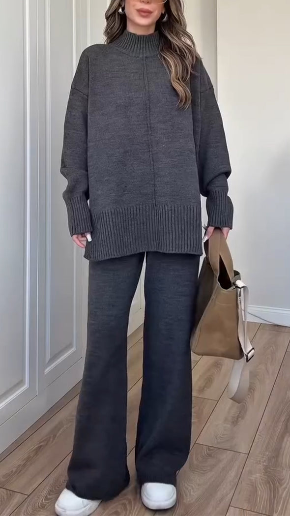 Women High-neck Knitted Solid Color Casual Suit