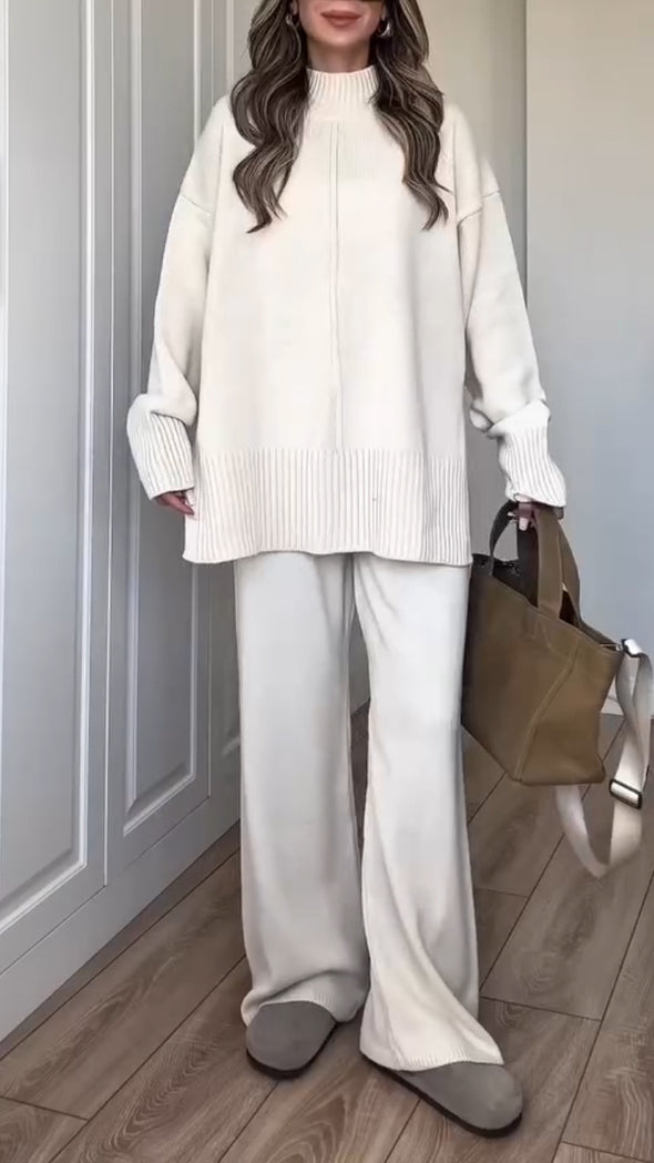 Women High-neck Knitted Solid Color Casual Suit