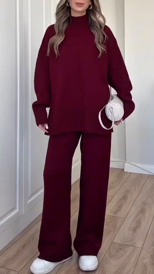 Women High-neck Knitted Solid Color Casual Suit