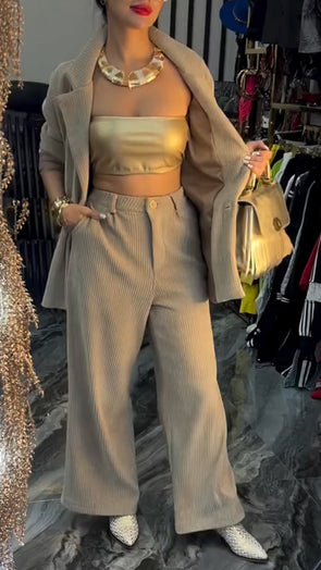 Women Lapel Jacket + Pants Solid Color Temperament Commuter Suit