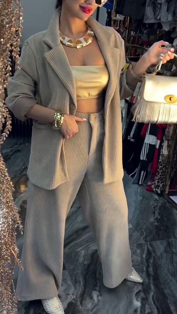 Women Lapel Jacket + Pants Solid Color Temperament Commuter Suit