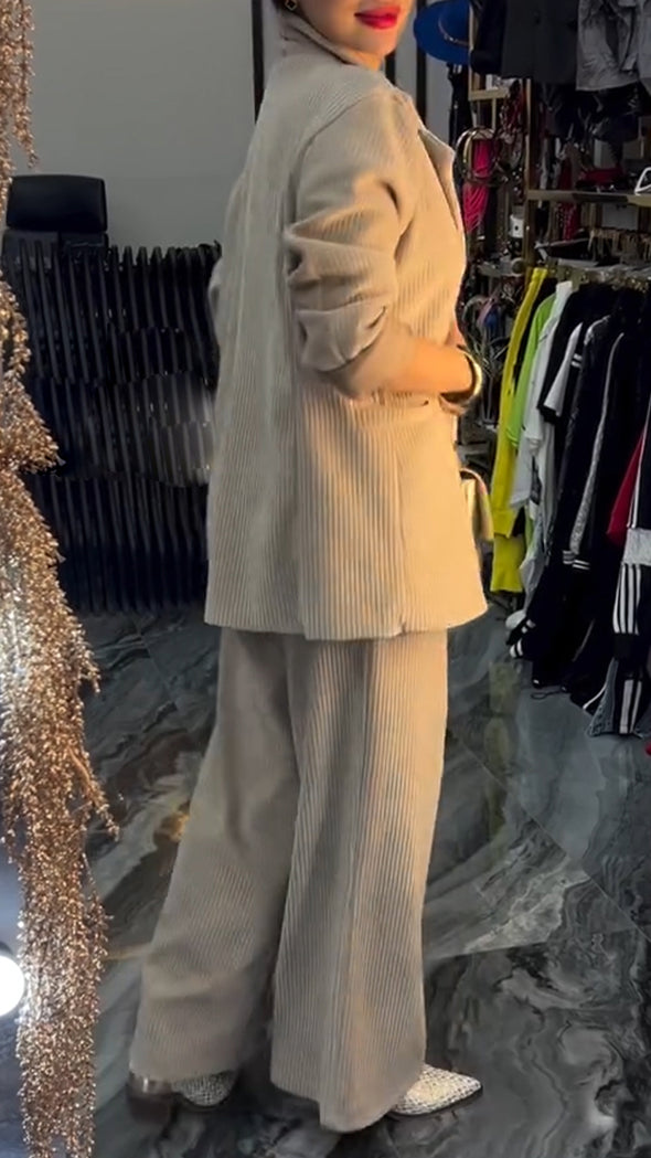 Women Lapel Jacket + Pants Solid Color Temperament Commuter Suit
