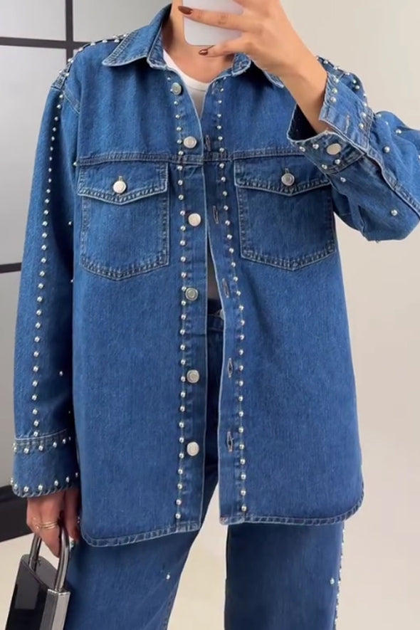 Women Street Denim Rivet Shirt Jacket + Pants Suit