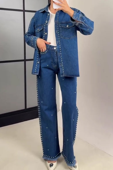 Women Street Denim Rivet Shirt Jacket + Pants Suit