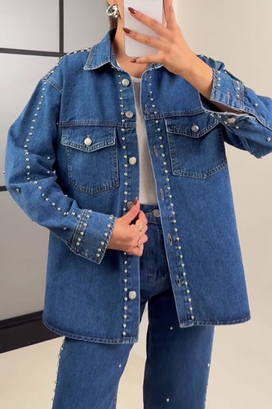 Women Street Denim Rivet Shirt Jacket + Pants Suit