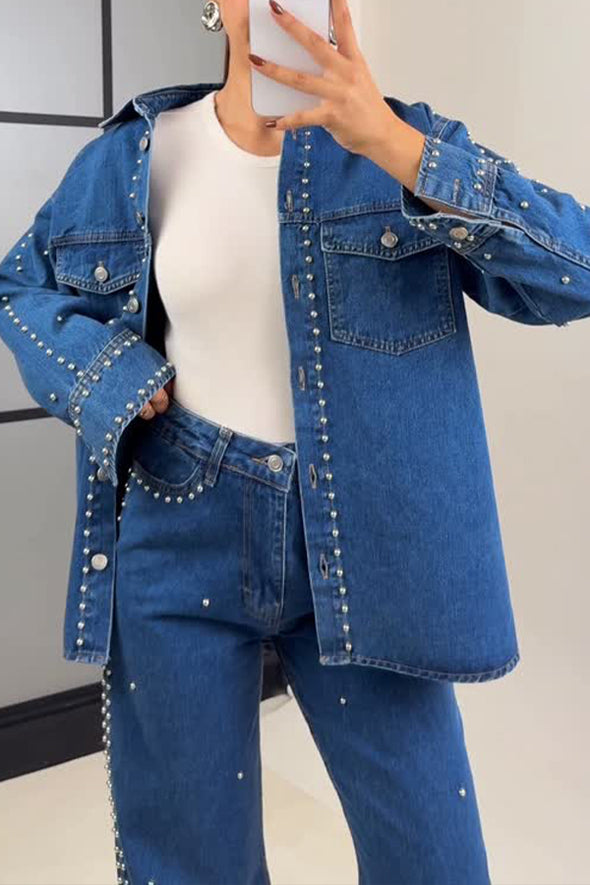 Women Street Denim Rivet Shirt Jacket + Pants Suit