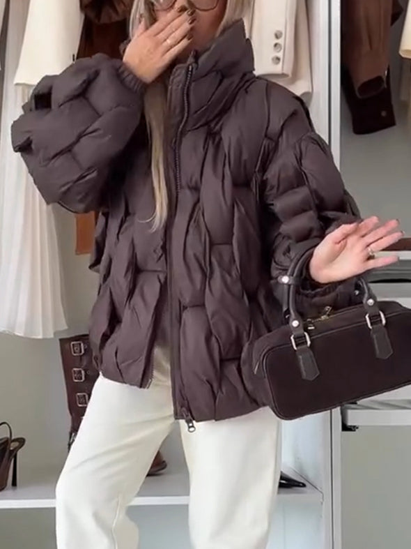 Women Stand Collar Plaid Casual Cotton Jacket