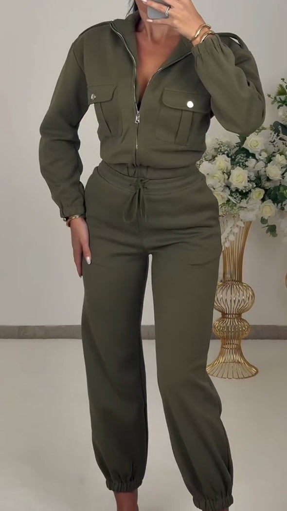 Women Lapel Jacket + Drawstring Pants Casual Suit