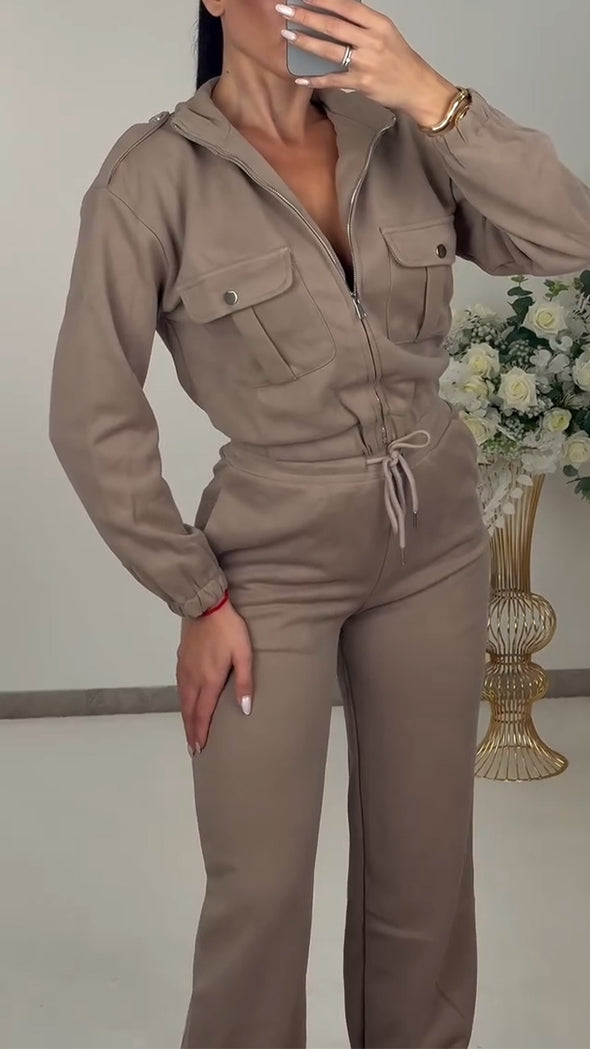 Women Lapel Jacket + Drawstring Pants Casual Suit