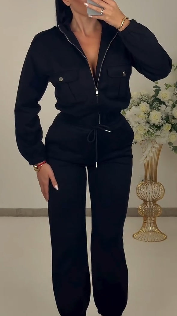 Women Lapel Jacket + Drawstring Pants Casual Suit