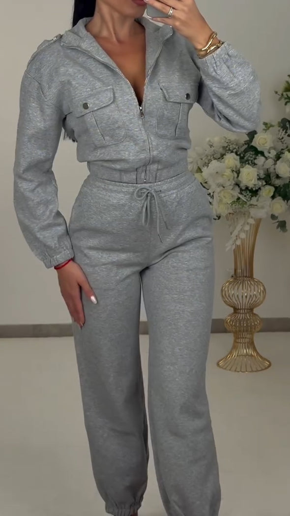 Women Lapel Jacket + Drawstring Pants Casual Suit