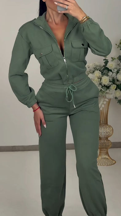 Women Lapel Jacket + Drawstring Pants Casual Suit