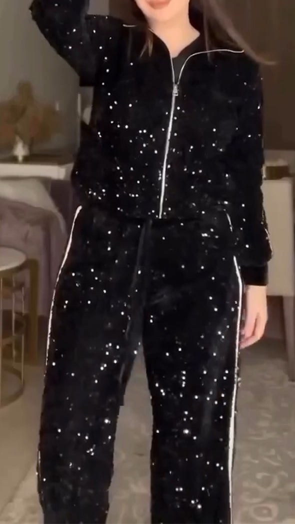 Women Lapel Sequined Jacket + Pants Casual Set