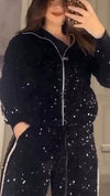 Women Lapel Sequined Jacket + Pants Casual Set
