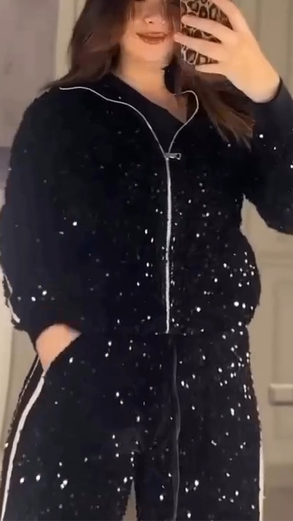 Women Lapel Sequined Jacket + Pants Casual Set