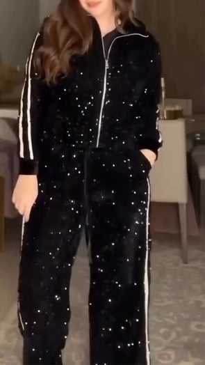 Women Lapel Sequined Jacket + Pants Casual Set